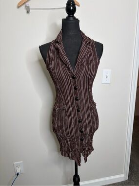 Y2K vintage Sleeveless collared Brown Pinstripe Button-Front Dress tied back